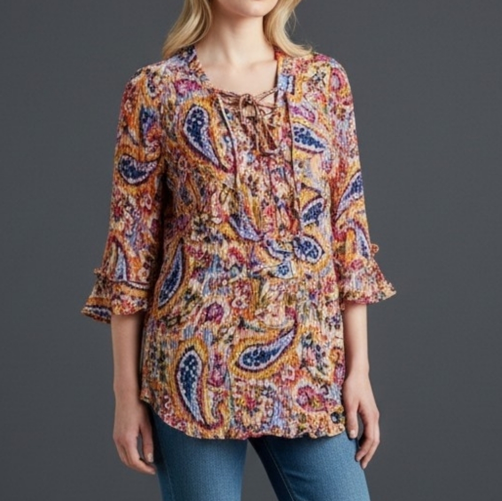 Melissa PAIGE 1990s Rainbow Ruffle Paisley Broomstick Tunic Small